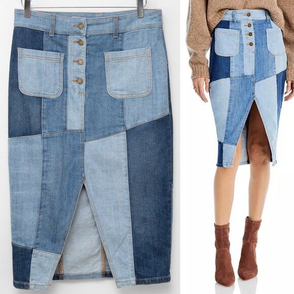 Ramy Brook Bellami Skirt Patchwork Denim Pencil Midi Pockets Blue Size 31 - Picture 1 of 7